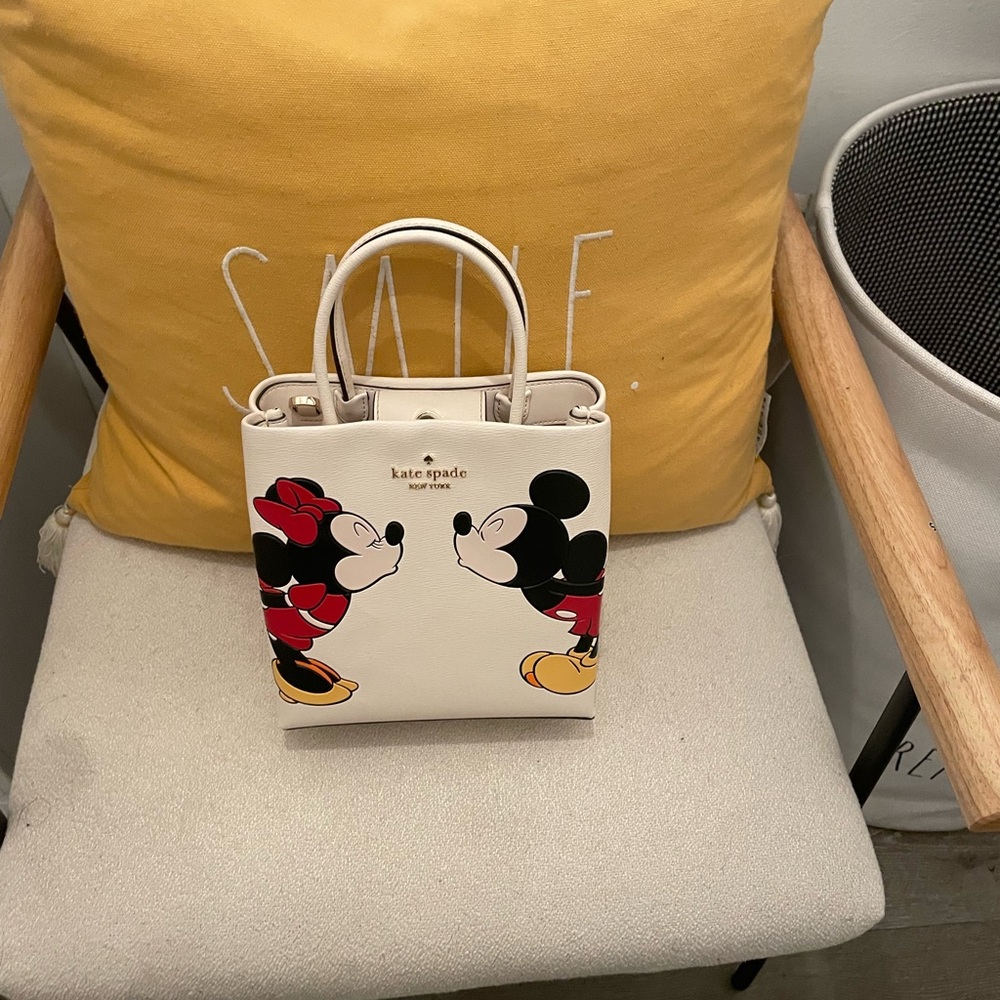 kate spade cream leather mini tote with Mickey & Minnie artwork